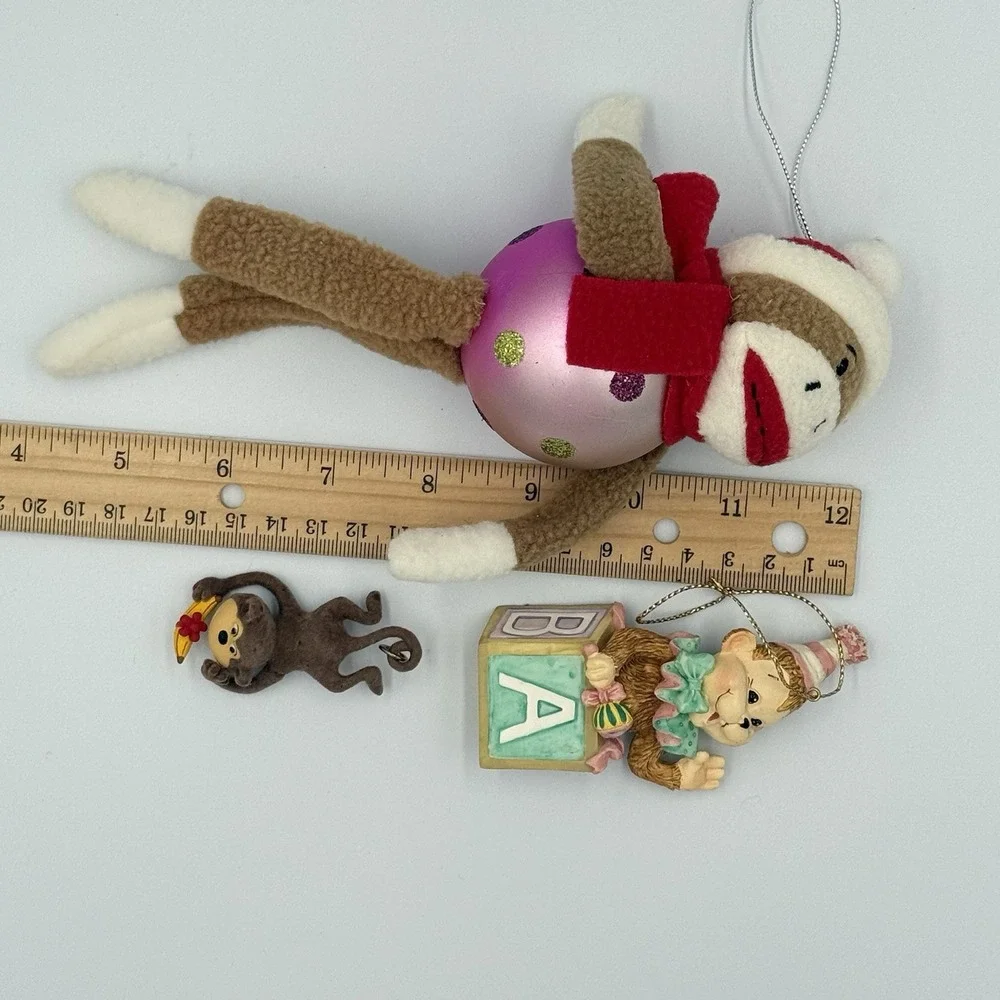 Lot of 3 Monkey‎ Ornaments Christmas Holiday Tree Sock Monkey Hanging